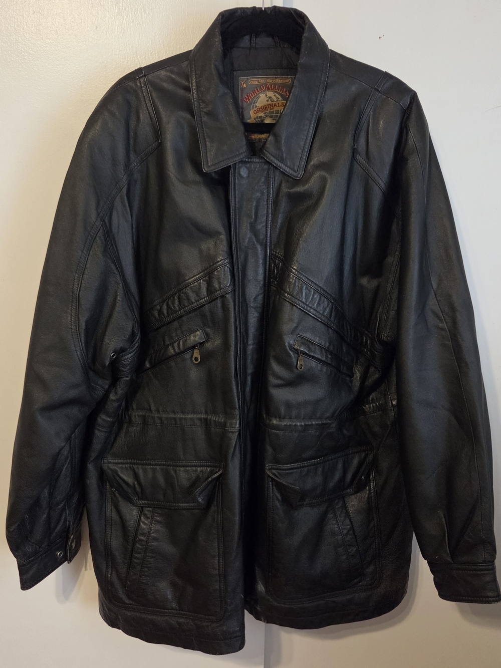Vintage 90s World Alliance Black Leather Mens Car Coat Jacket L